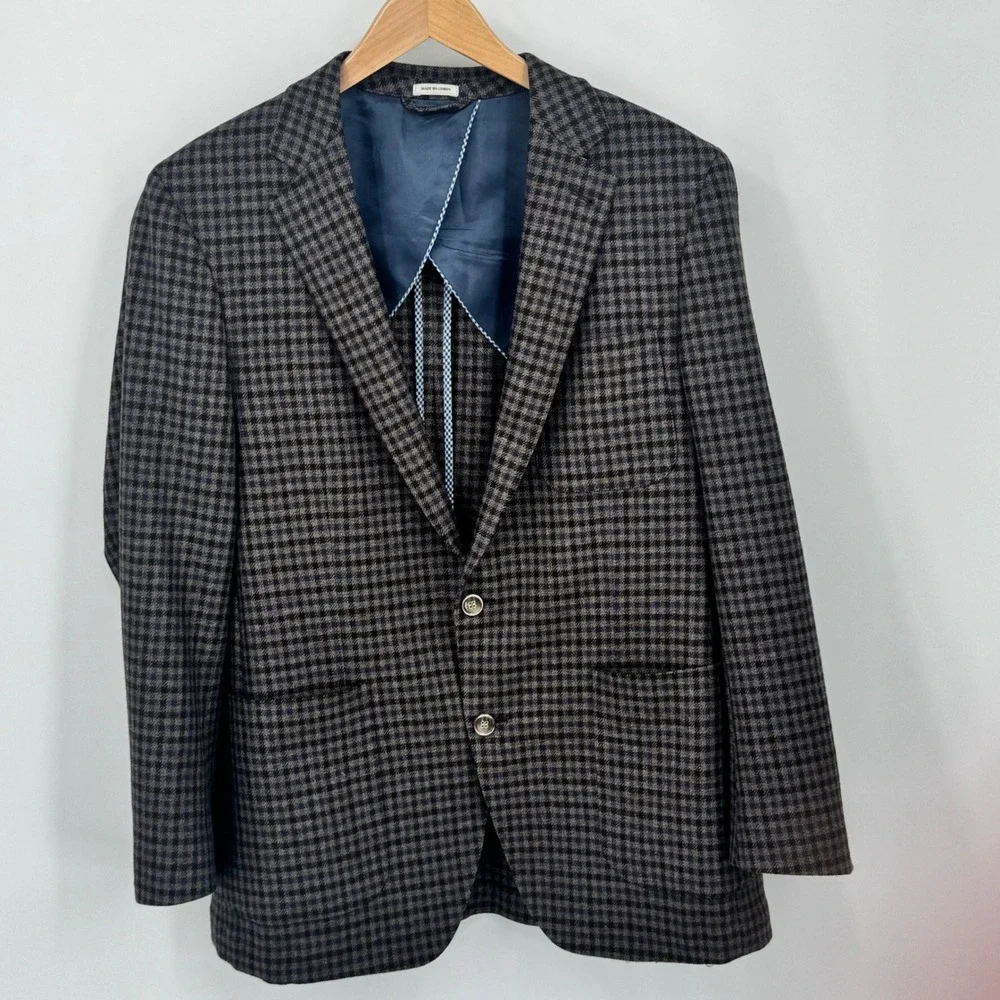 Peter Millar Mens Medium Blazer Brown Blue Plaid 100 Wool Classic Fit Two Button